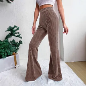 Elegant women's high waist brown corduroy flare pants with vertical ribbed texture