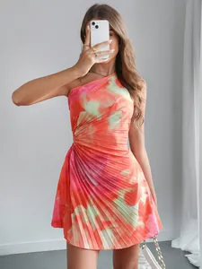 Elegant vibrant pink and green tie-dye pleated one-shoulder mini dress for stylish women