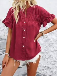 Camicia casual rosso vino in cotone e lino con maniche corte e dettagli plissettati