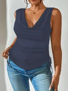 Elegante top senza maniche blu navy con scollo a cappuccio e coulisse laterali