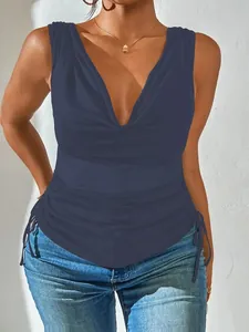 Top sexy senza maniche con scollo a V blu scuro e coulisse laterale arricciata donna.