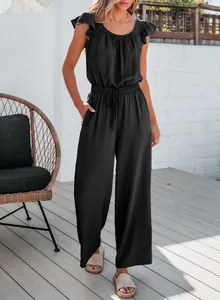 Elegant black wrinkled jumpsuit with ruffle sleeves and wide-leg design for summer