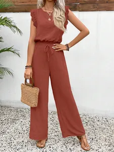 Ärmelloses Terrakotta-Set mit Spitzen-Schulterdetails und Kordelzug-Hose mit weitem Bein