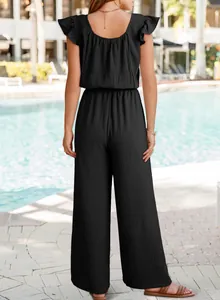Elegant black pleated wide-leg jumpsuit for women with ruffled flutter sleeves