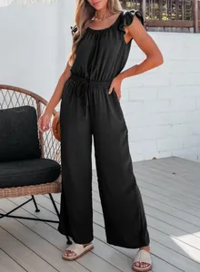 Casual black wrinkled sleeveless jumpsuit with ruffled sleeves and elastic waist detail
