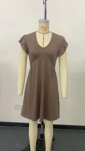 Elegant brown casual V-neck beach dress with ruffle sleeves shown on a dress form