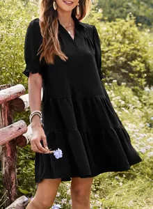 Close-up detail of the elegant V-neckline and pleated texture on this black summer dress.