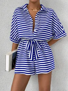 Casual blue and white striped short romper featuring a lapel collar and waist tie belt