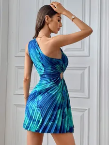 Elegant one-shoulder blue tie-dye pleated mini dress showcasing fabric texture details