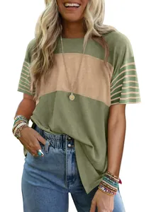 Lässiges Damen T-Shirt mit Rundhalsausschnitt, olivgrünem Colorblock und Streifen.