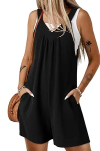 Detailed view of women's black waffle knit sleeveless romper with side pockets