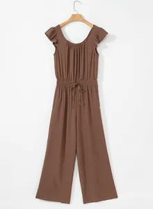 Elegant brown sleeveless pleated jumpsuit with ruffle sleeves and square neckline for women