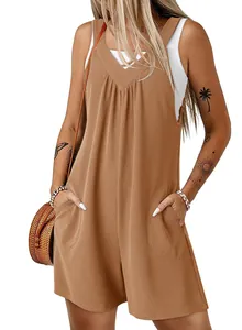 Detail view of women's camel waffle knit sleeveless jumpsuit with side pockets