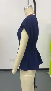 Haut péplum bleu marine à manches courtes avec taille élastique pour femmes
