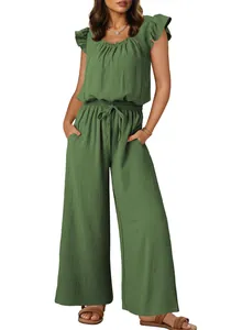 Full view of olive green sleeveless ruffle jumpsuit with drawstring waist and pockets