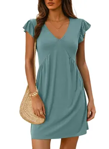 Detailed view of the V-neck and ruffled sleeve design on this blue summer dress