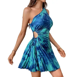 Chic blue tie-dye one-shoulder pleated mini dress featuring a sexy waist cutout