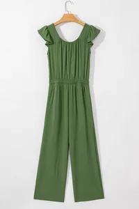 Detail view of a green pleated sleeveless jumpsuit with elegant ruffle sleeves and wide legs.