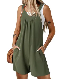 Detail of a casual green waffle knit sleeveless jumpsuit with side pockets for women