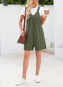 Fashionable women's olive green waffle knit sleeveless romper featuring side pockets