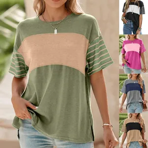 Damen Casual Farbblock Patchwork T-Shirt Rundhals Gestreift Kurzarm Top Sommer Polyester Lockere Passform Tee Mit Seitenschlitz