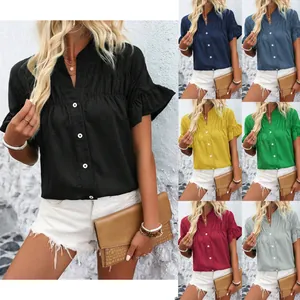 Camicetta da Donna Casual Collo alla Coreana Manica Corta Con Dettaglio Punto Smock e Volant Tinta Unita Bottone Top Poliestere