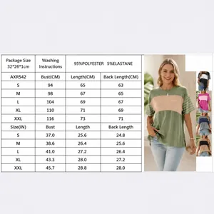 Detaillierte Größentabelle für Damen-T-Shirt mit Rundhalsausschnitt und Streifenmuster