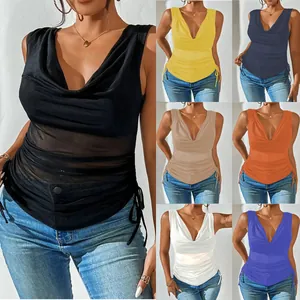 Top da Donna Sexy Scollo a V Senza Maniche Cropped Coulisse Laterale Collo a Cappuccio Canotta Tinta Unita Slim Fit Streetwear