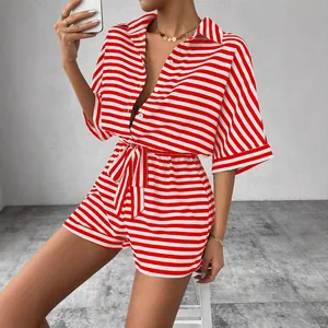 Stylish red and white striped women's short sleeve shirt and shorts set with belt