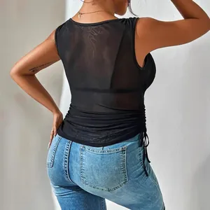 Elegante top corto smanicato in rete trasparente nera, stile sexy vestibilità aderente