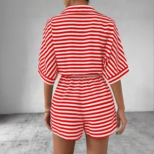 Women's chic red and white horizontal striped two-piece short set with a lapel shirt