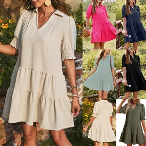 Women V Neck Tiered Ruffle Dress Short Cap Sleeve Solid Color Casual Loose Mini Sun Dress Summer Vacation Outfit