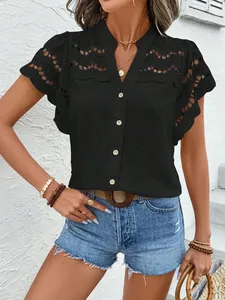 Elegant black lace hollow-out button-down short sleeve blouse for women's summer wear.