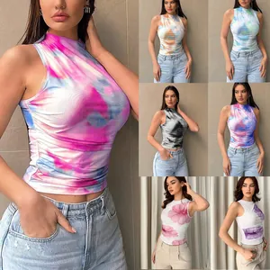 Débardeur en Maille Tie-Dye pour Femme Style Streetwear Côtés Froncés Col Montant Imprimé Sans Manches Coupe Ajustée