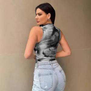 Débardeur en tulle imprimé tie-dye style urbain avec côtés froncés pour femmes mode