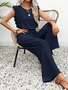 Elegantes marineblaues zweiteiliges Freizeitset mit Spitzenoberteil und weiter Hose