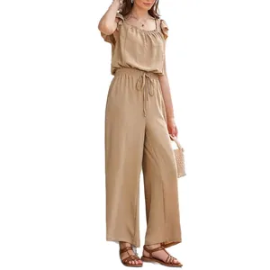 Women's pleated square-neck sleeveless jumpsuit with ruffle sleeves and drawstring waist