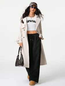 Women's high waist black wide leg trousers with drawstring in casual street style