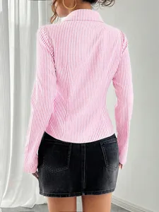 Back view of a pink and white striped long-sleeve shirt with a classic collar.