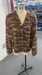 A detailed view of a multi-color fuzzy long sleeve V-neck cardigan in Maillard retro style