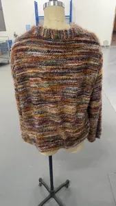 Detailed back view of a retro Maillard multi-colored fuzzy plush long sleeve cardigan