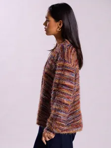 Side view of retro fuzzy cardigan in multicolored Maillard style knit for women