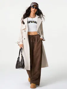 Stylish brown corduroy high-waisted wide-leg drawstring pants with comfortable loose fit