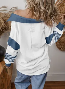 Back view detail of casual off-the-shoulder color-block striped oversized sweatshirt for women