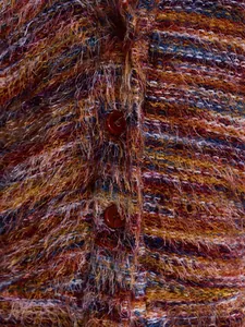 Macro view showing the fuzzy texture and reddish-brown buttons of this retro plush cardigan