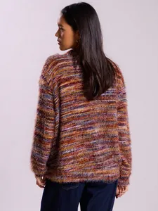 Back view of colorful fuzzy knit cardigan sweater with shaggy Maillard style texture