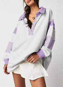 Casual deep V-neck oversized sweatshirt featuring striped patchwork and long sleeves