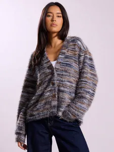 Detail view of a vintage deep V-neck Maillard plush cardigan with fuzzy multi-color texture