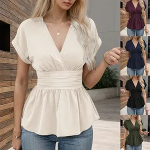 T-Shirt Peplum pour Femmes Col en V Taille Smockée Manches Courtes Couleur Unie Haut Décontracté en Poliester