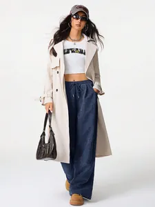 Lazy style high waist drawstring wide-leg pants in blue corduroy worn by fashion model